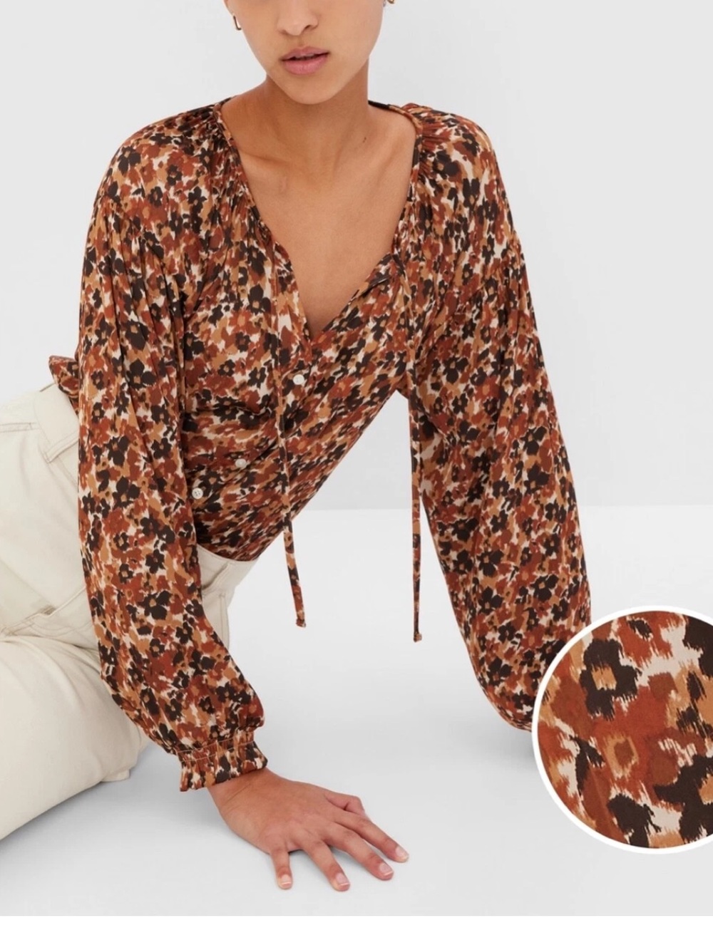 Gap Brown Floral Button-Front‎ Tie Long Sleeve Satin Top